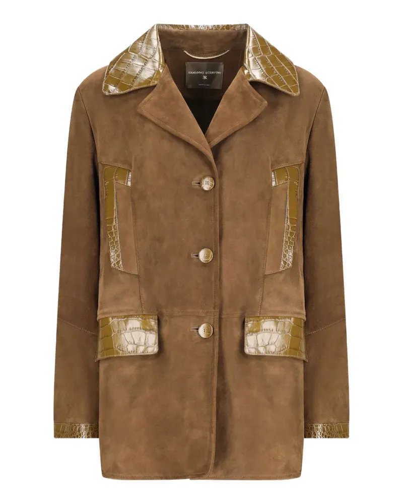 Ermanno Scervino crocodile-effect panelled suede coat - Braun Braun