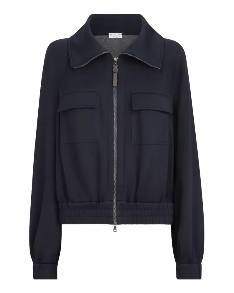 Brunello Cucinelli Interlock Strickjacke aus Baumwolle und Seide mit glänzender Reißverschlusslasche - Blau Blau