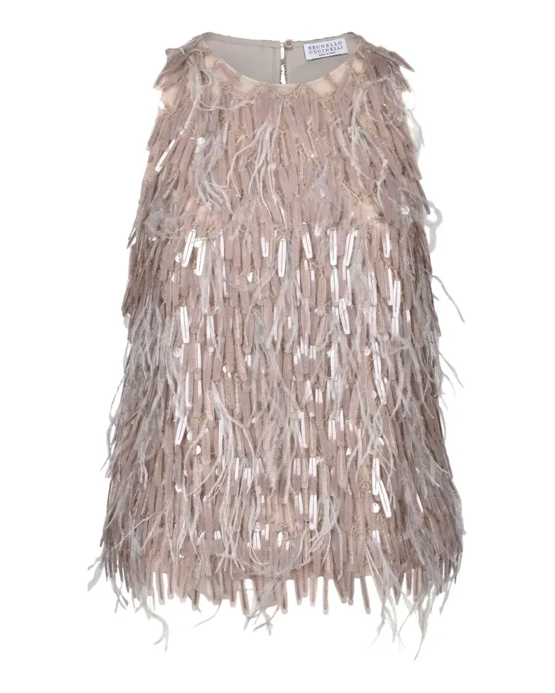 Brunello Cucinelli sequin-embellished feather-trim sleeveless silk top - Nude Nude