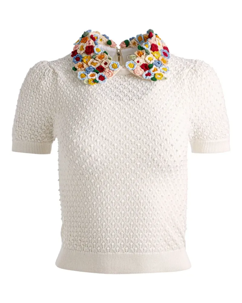 Alice + Olivia Kurzärmeliger Chase Pullover mit Blumenkragen - Weiß Weiß