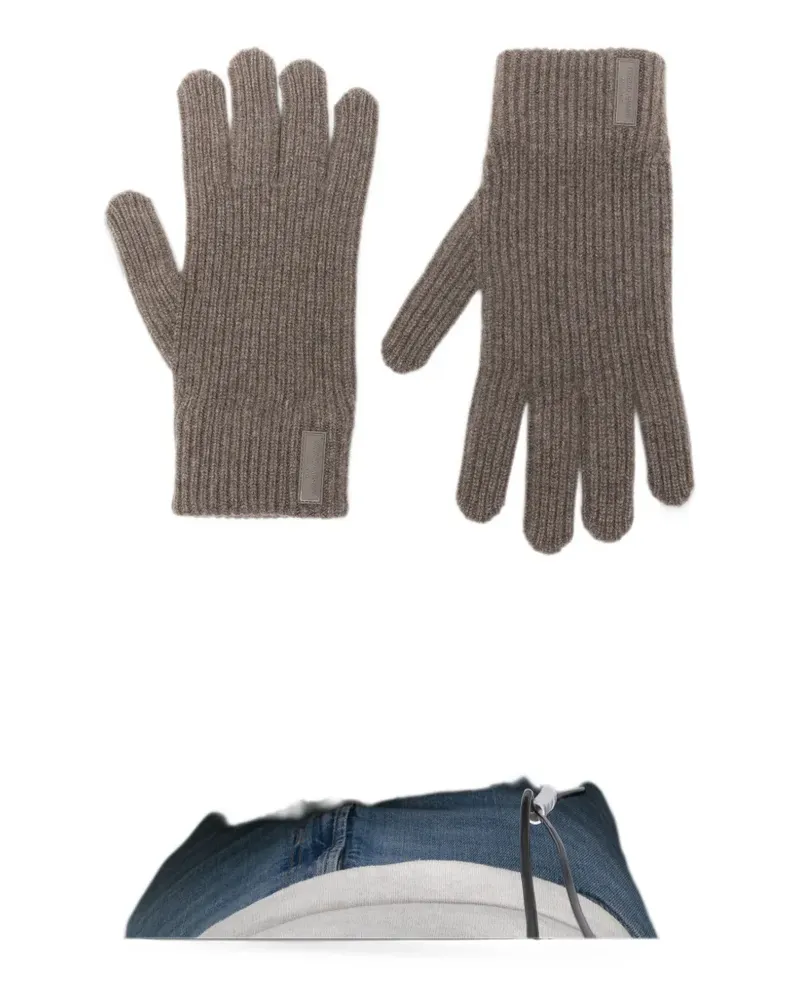 Giorgio Armani ribbed-knit logo-patch gloves - Braun Braun