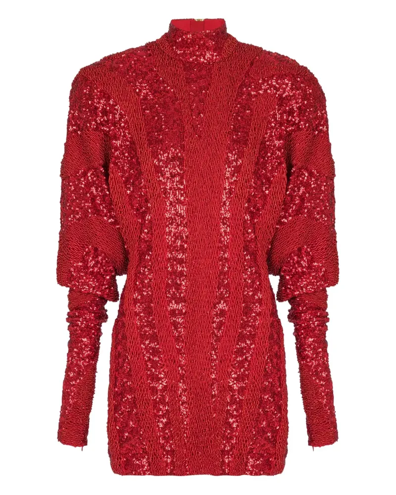 Balmain Pailletten-Minikleid mit Stehkragen - Rot Rot