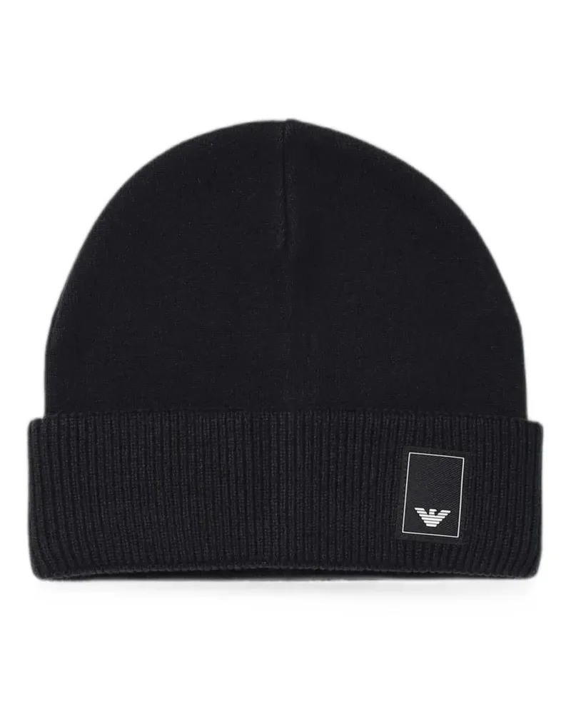 Emporio Armani logo-patch ribbed-trim beanie hat - Blau Blau