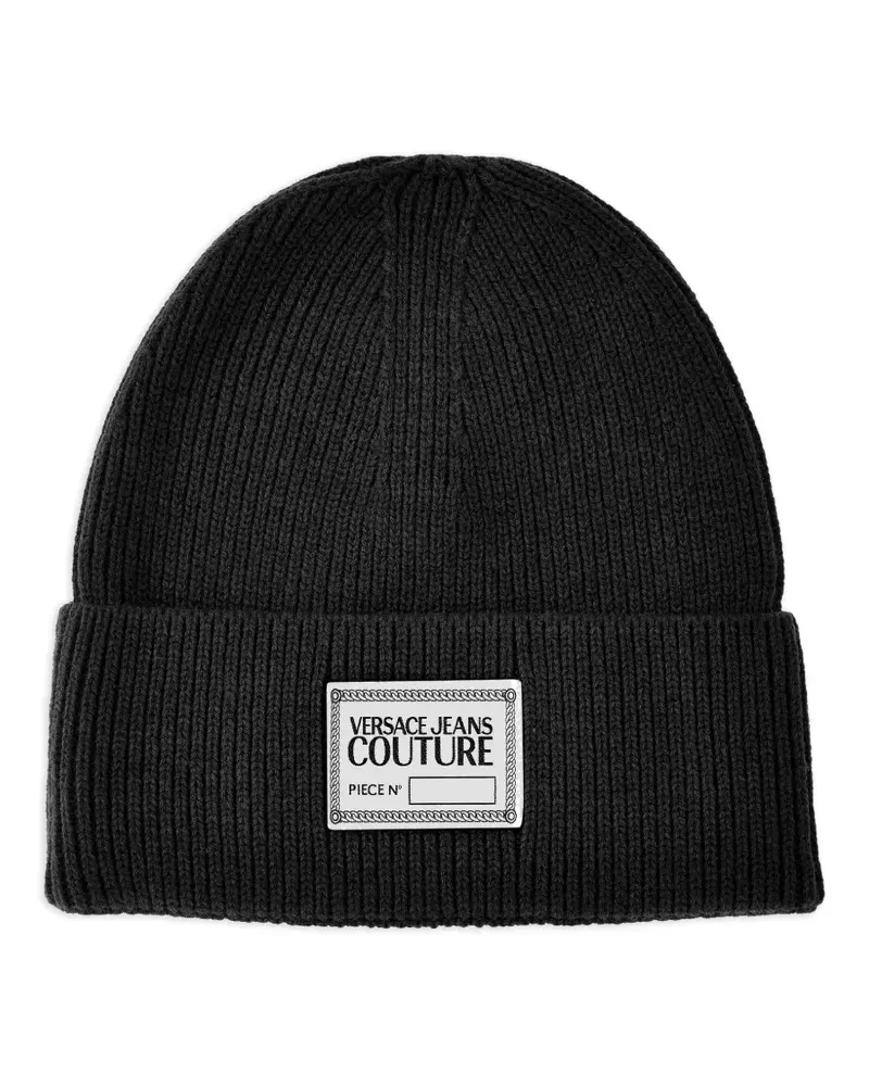 Versace Jeans Gerippte Beanie mit Logo-Schild - Schwarz Schwarz