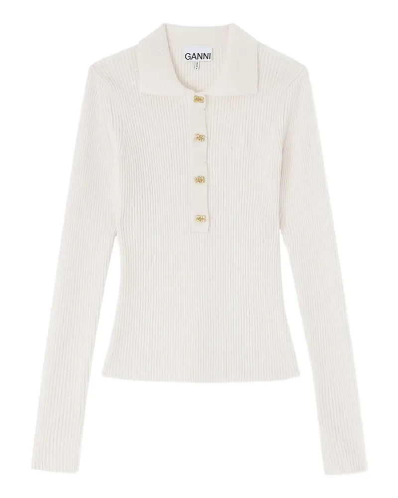 Ganni Geripptes Poloshirt mit Knöpfen - Nude Nude