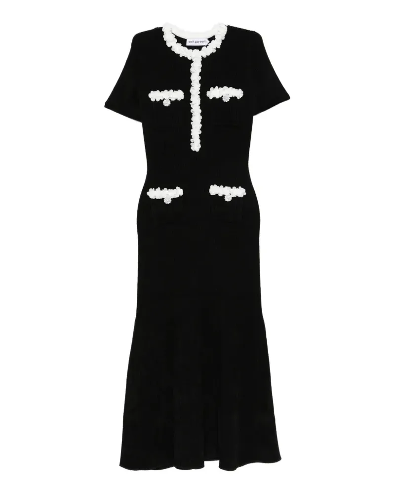 Self-Portrait Geripptes Kleid mit Blumenapplikation - Schwarz Schwarz