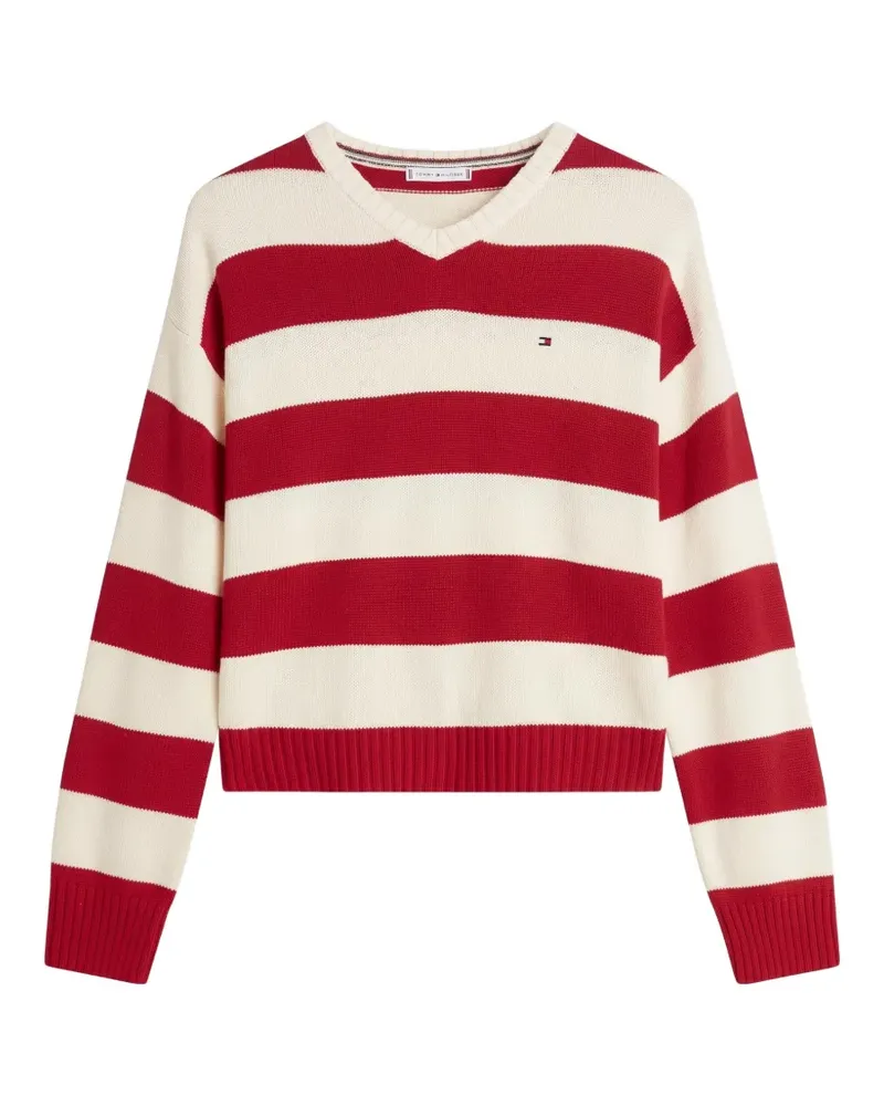 Tommy Hilfiger Gestreifter Pullover mit V-Ausschnitt - Rot Rot
