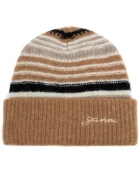 Ganni Gestreifte Beanie mit Logo-Stickerei Braun