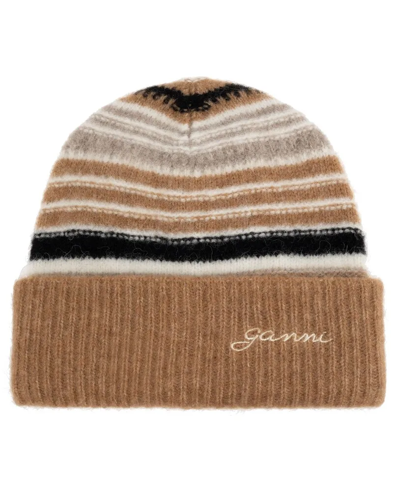 Ganni Gestreifte Beanie mit Logo-Stickerei Braun