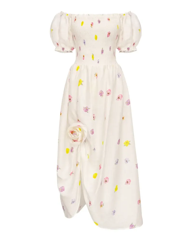 SLEEPER Belle floral-print smocked linen midi dress - Weiß Weiß
