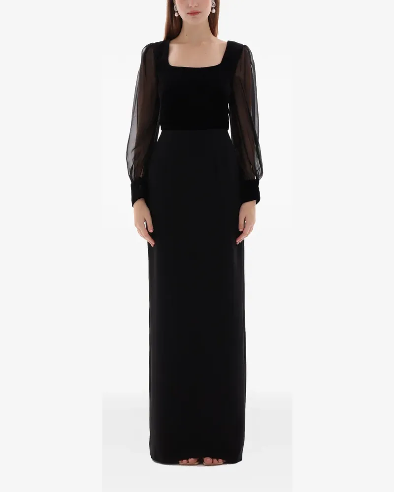 Dina Melwani Abendkleid aus Samt und Chiffon - Schwarz Schwarz