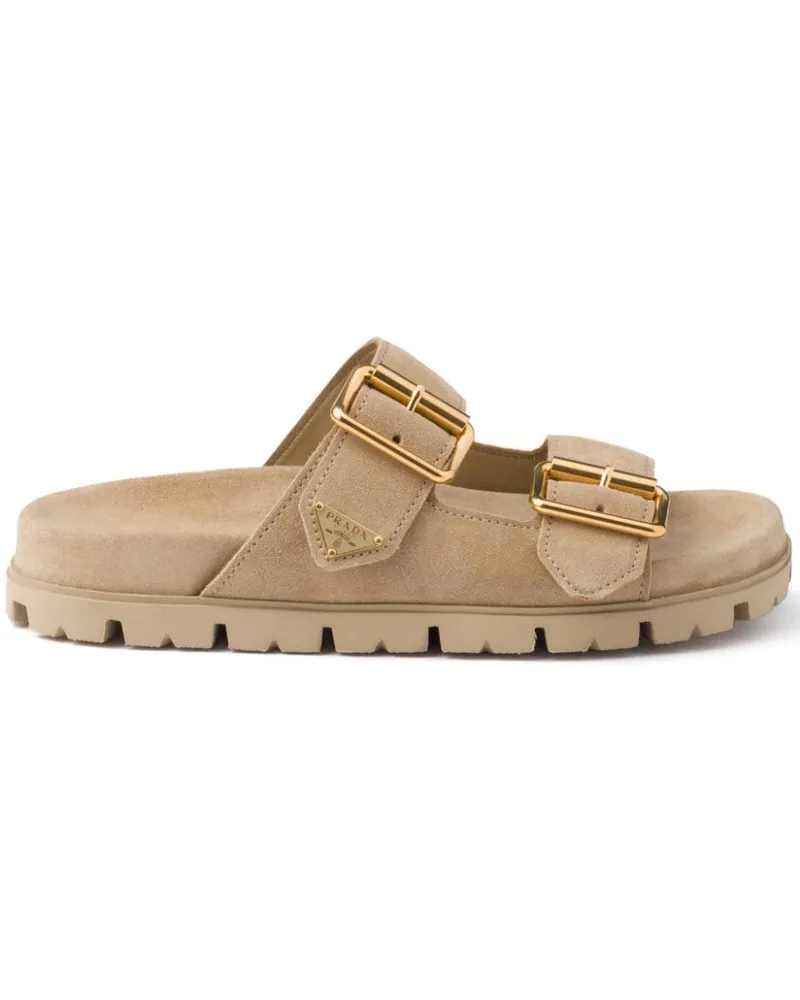Prada Wildleder-Pantoletten mit Triangel-Logo - Nude Nude