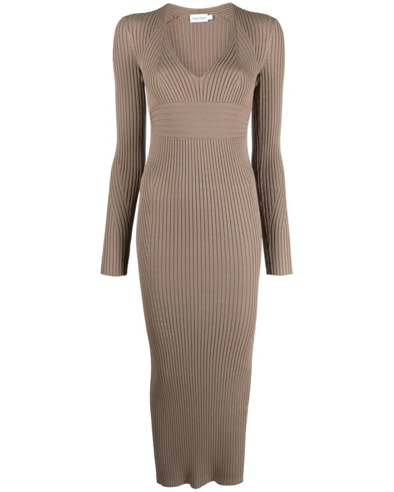 Calvin Klein Geripptes Strickkleid Braun