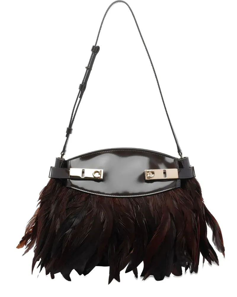 Ferragamo Hug Soft Schultertasche mit Federbesatz - Braun Braun