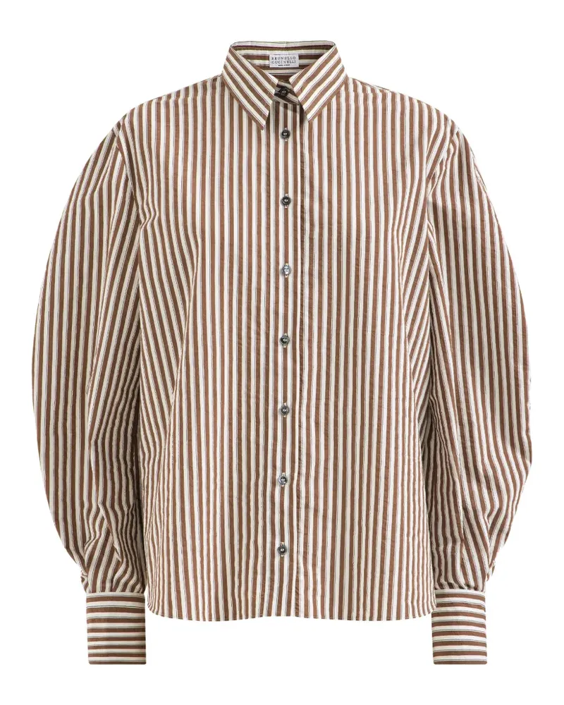 Brunello Cucinelli Gestreiftes Popeline-Hemd mit Monili - Braun Braun