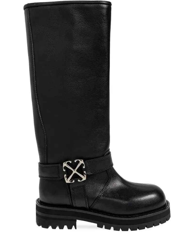 OFF-WHITE logo-plaque round-toe biker boots - Schwarz Schwarz