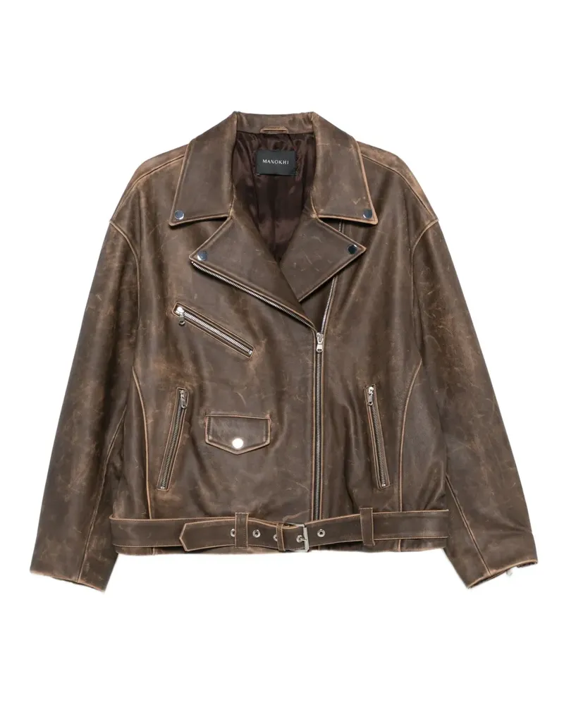 Manokhi Kaisa Bikerjacke aus Leder mit Gürtel - Braun Braun