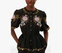 Puffärmel-Oberteil mit Winter Garden-Stickerei - Schwarz
