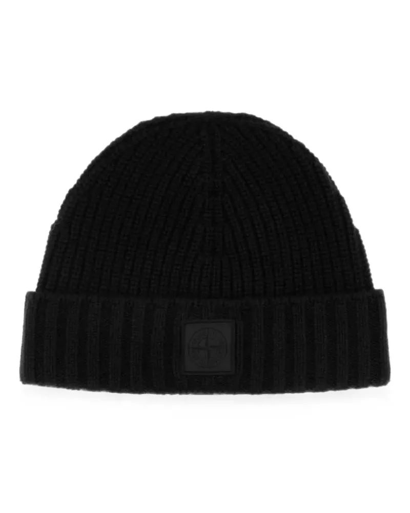 Stone Island Gerippte Beanie mit Logo-Patch - Schwarz Schwarz