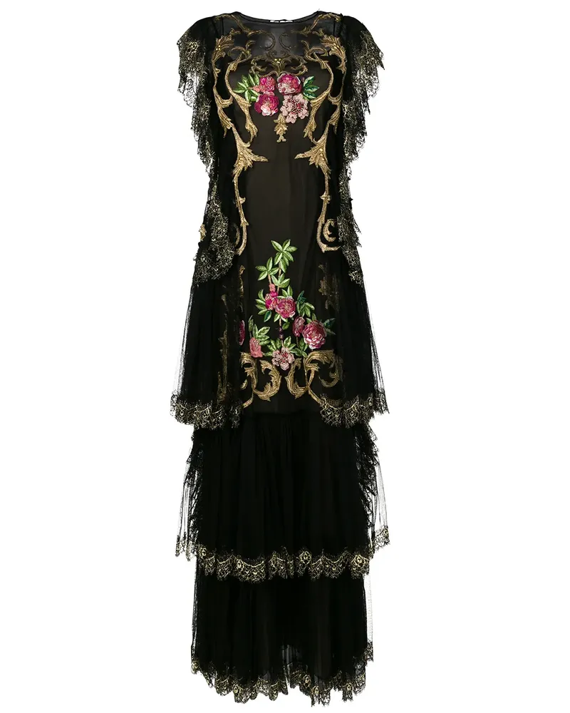 Alberta Ferretti Seidenkleid mit Blumenstickerei - Schwarz Schwarz