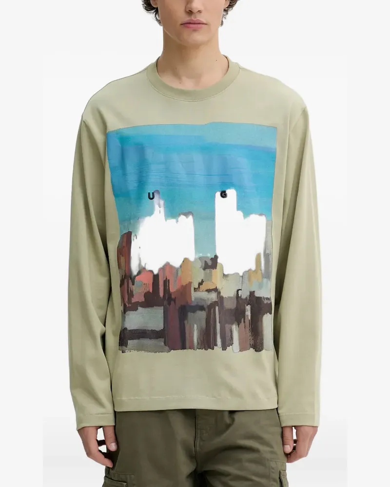 HUGO BOSS Langarmshirt mit Cityscape-Print - Grün Grün
