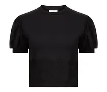 Puffärmel-Oberteil mit Spitzenbesatz - Schwarz