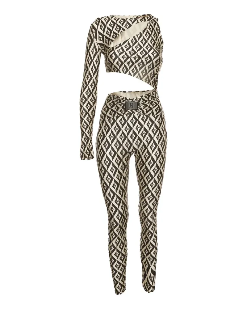 Elisabetta Franchi monogram-print one-shoulder jumpsuit - Nude Nude