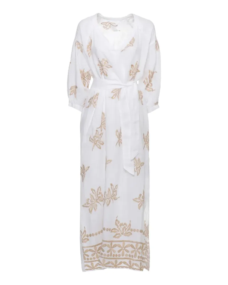 120% Lino Midikleid mit Blumenstickerei - Weiß Weiß