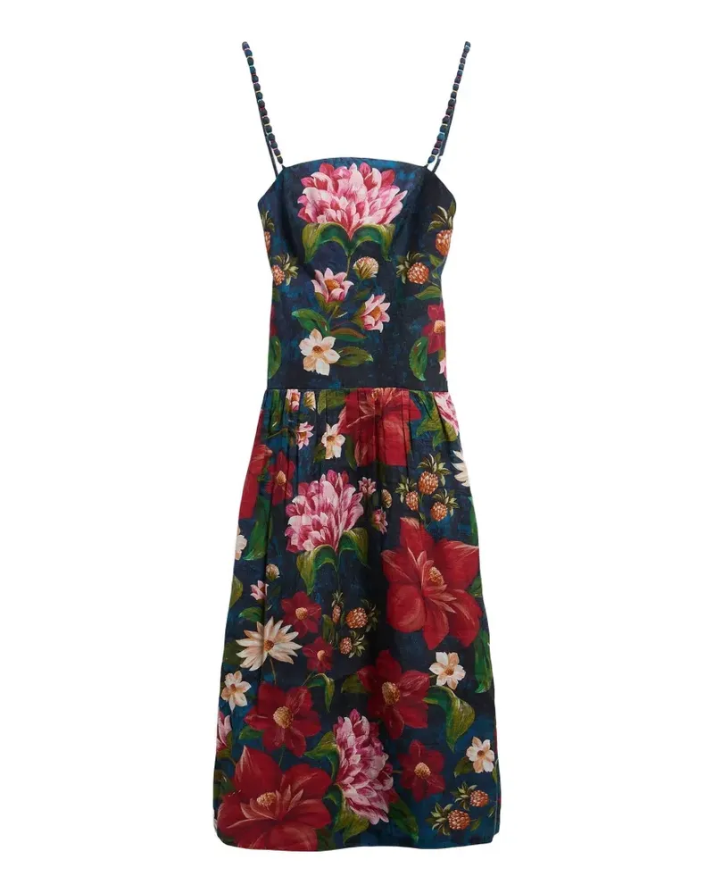 Barbour x Farm Rio Midikleid mit Wild Flower-Print und Perlenriemen - Blau Blau