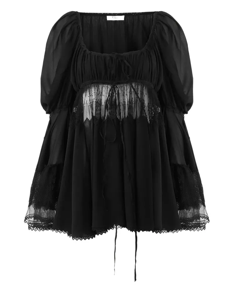 Chloé Puffärmel-Bluse mit U-Ausschnitt - Schwarz Schwarz