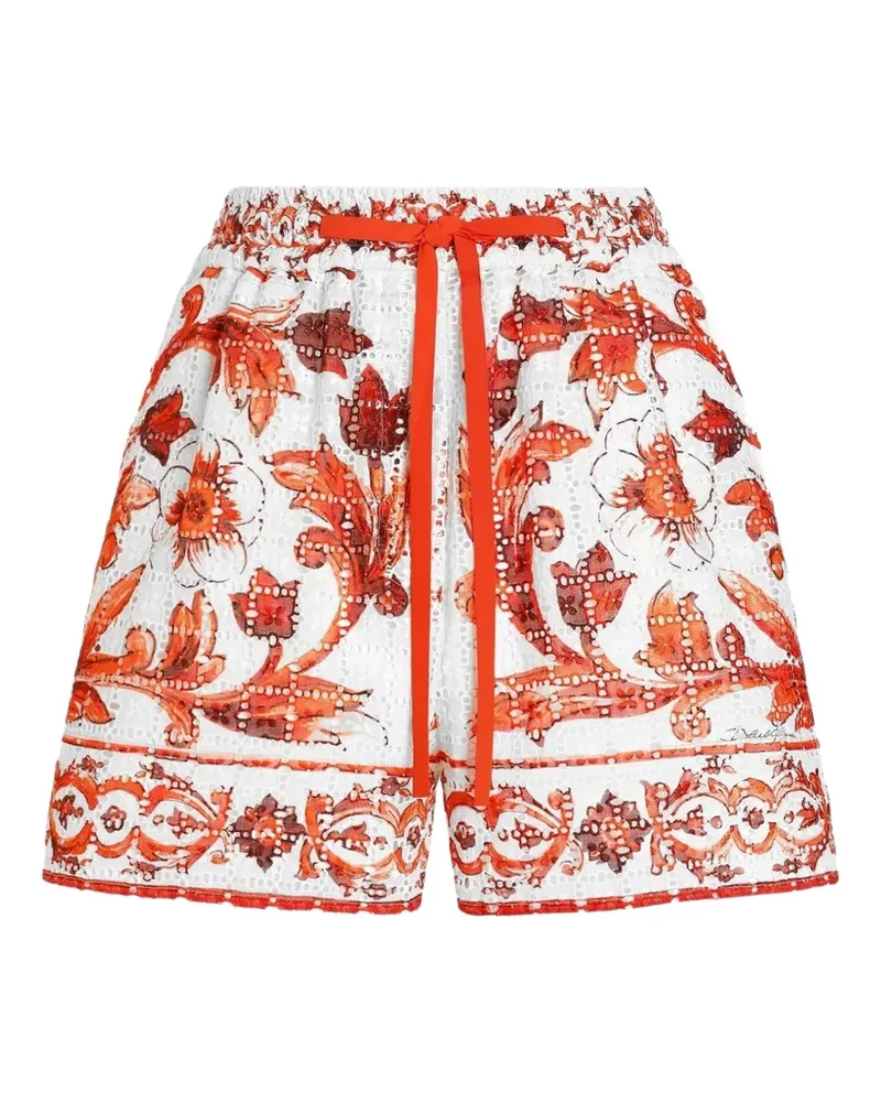 Dolce & Gabbana Shorts aus Lochspitze mit Majolica-Print - Weiß Weiß