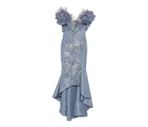 Schulterfreies Abendkleid mit Kristallen - Blau