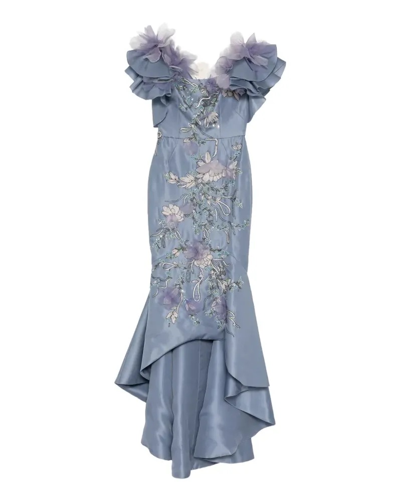 Marchesa off-shoulder crystal-embroidered gown - Blau Blau