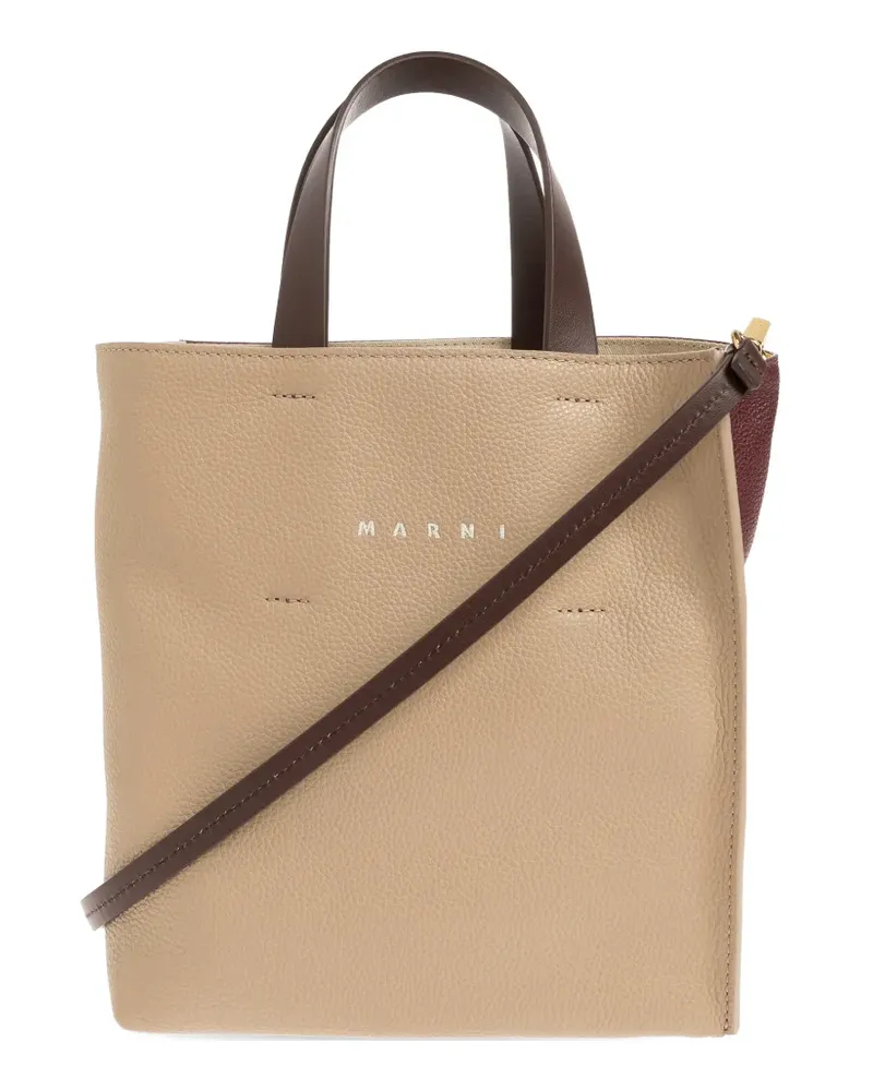 Marni mini Museo logo-print pebbled-leather tote bag - Nude Nude