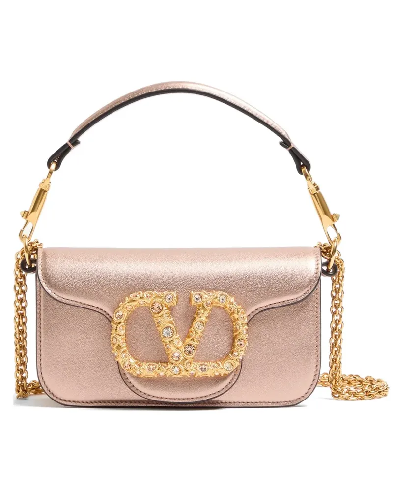 Valentino Garavani Locò small shoulder bag in laminated calfskin with jewel logo - Rosa Rosa