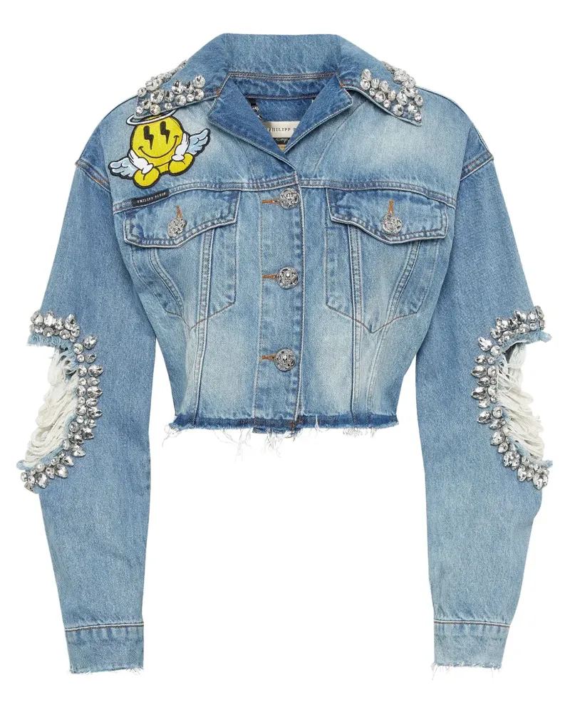 Philipp Plein Cropped-Jeansjacke mit Smiley - Blau Blau