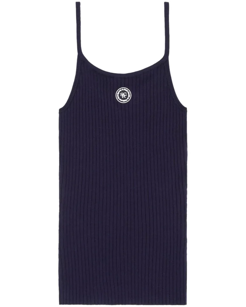 SPORTY & RICH Geripptes Top mit Logo-Patch - Blau Blau