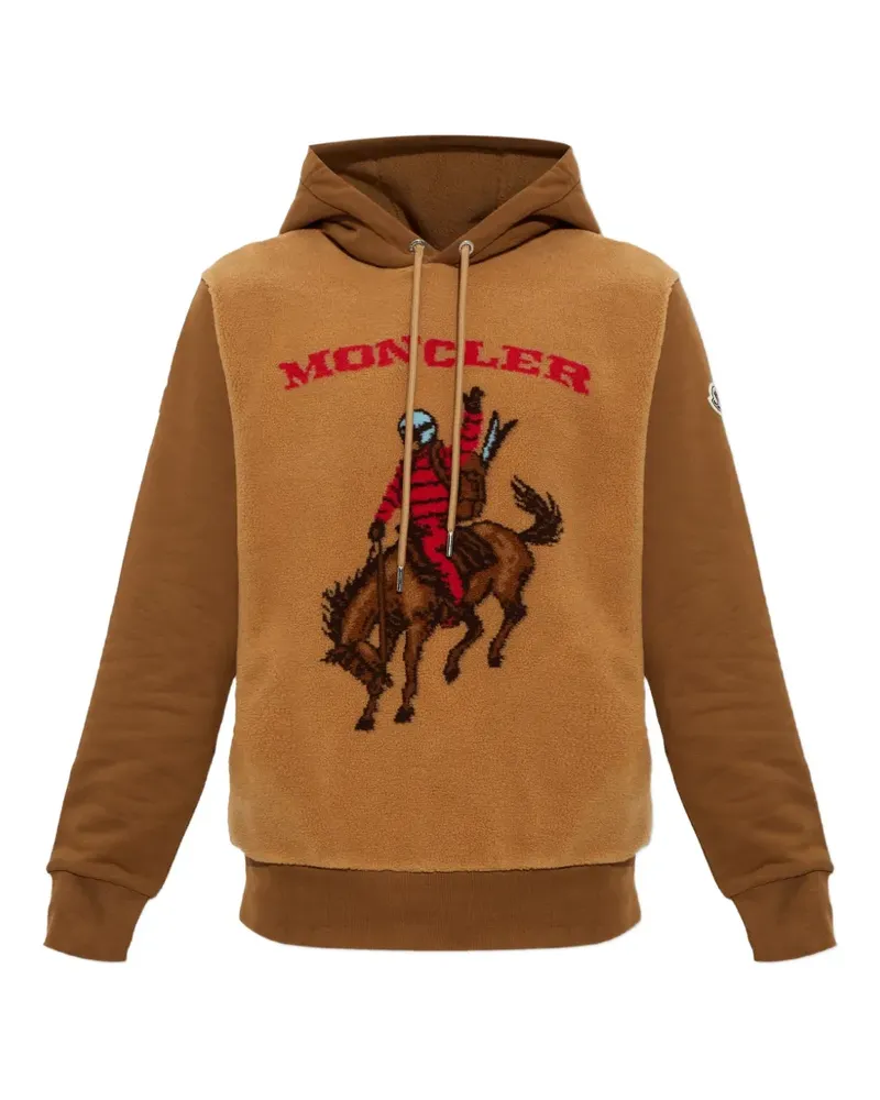Moncler cowboy-motif fleece-panel hoodie - Braun Braun