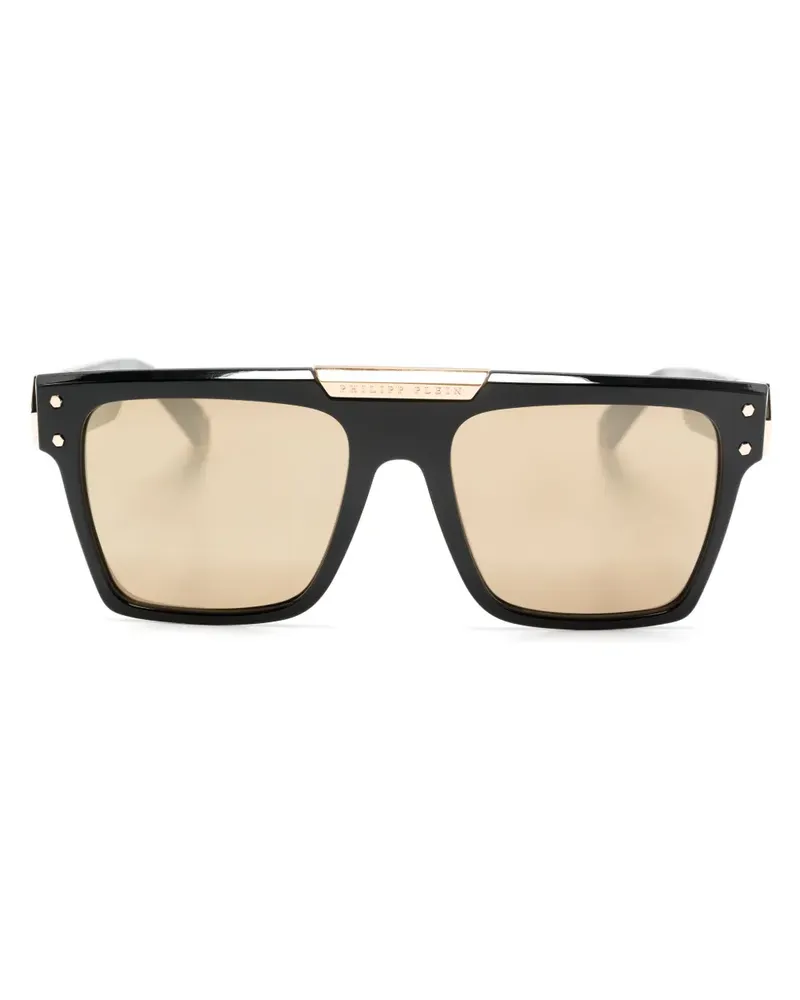 Philipp Plein Eckige Sonnenbrille mit Logo-Schild - Schwarz Schwarz