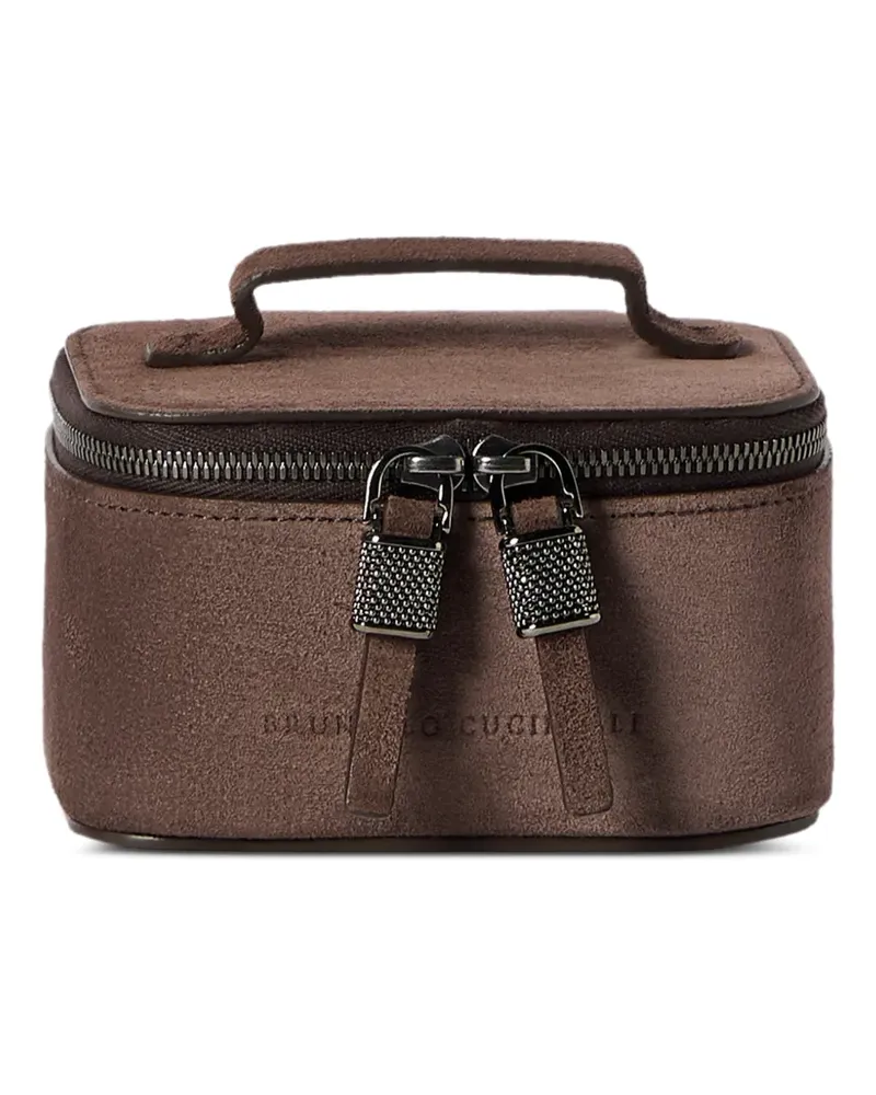 Brunello Cucinelli Kleine Schmuckschatulle aus Wildleder mit glänzendem Reißverschluss - Braun Braun