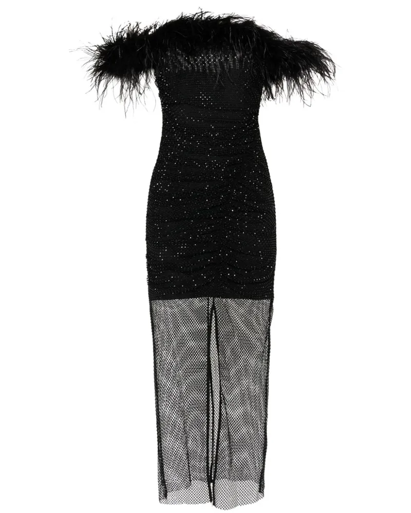 Self-Portrait Asymmetrisches Midikleid mit Federn - Schwarz Schwarz