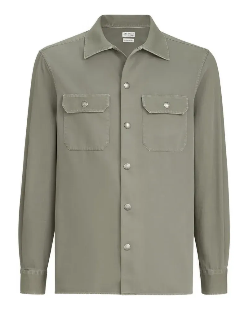 Brunello Cucinelli Stückgefärbte Hemdjacke aus Baumwoll-Gabardine mit Spreizkragen und Brusttaschen - Grün Grün