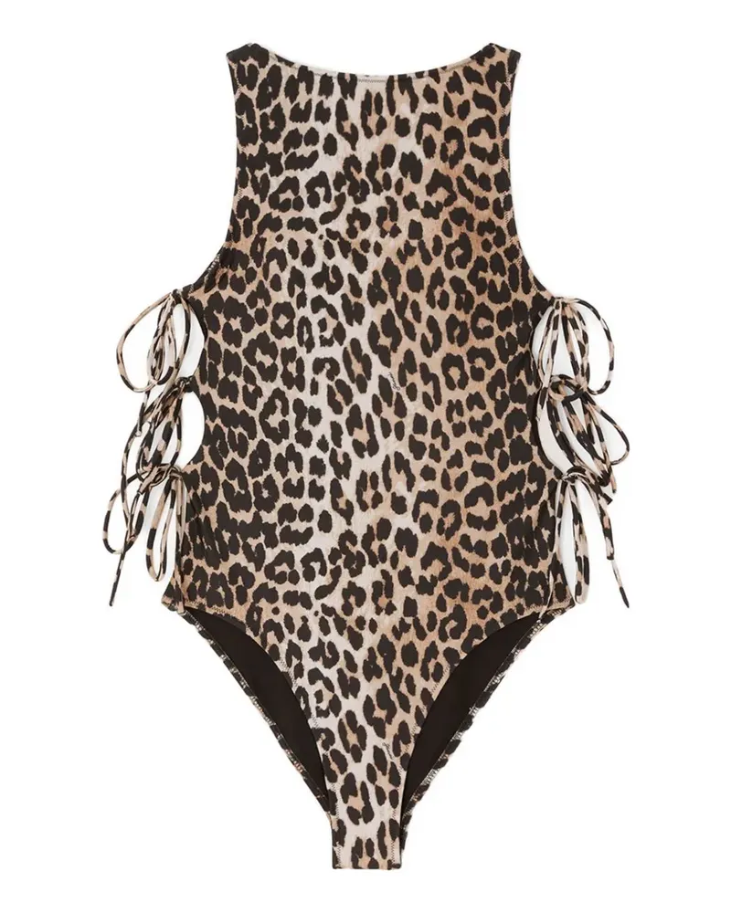 Ganni leopard-print lace-up swimsuit - Nude Nude
