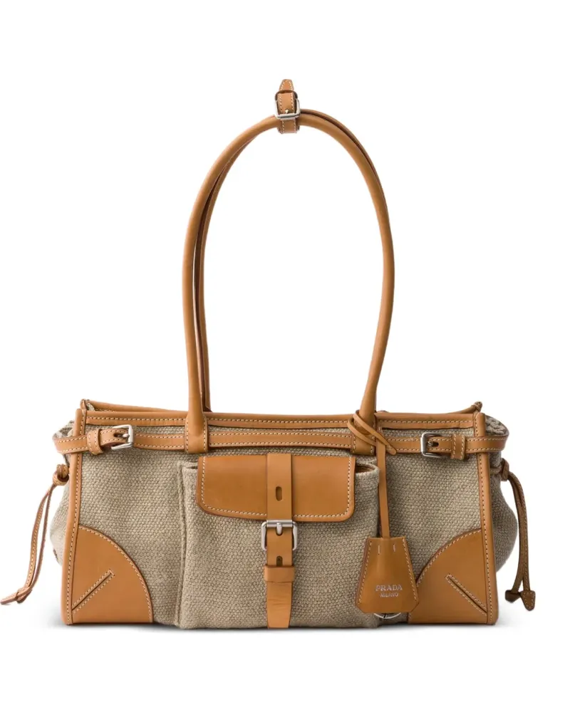 Prada Bonnie medium linen and leather handbag - Nude Nude