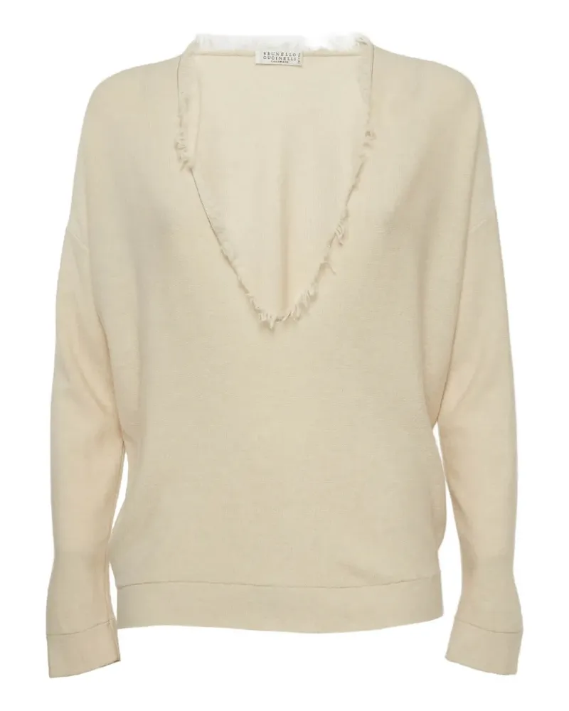 Brunello Cucinelli fringed V-neck sweater - Nude Nude