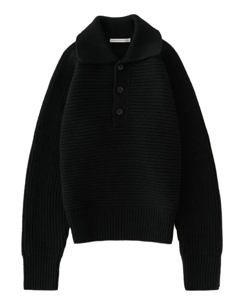 Studio Nicholson Gerippter Barrow Pullover mit Poloshirtkragen - Schwarz Schwarz