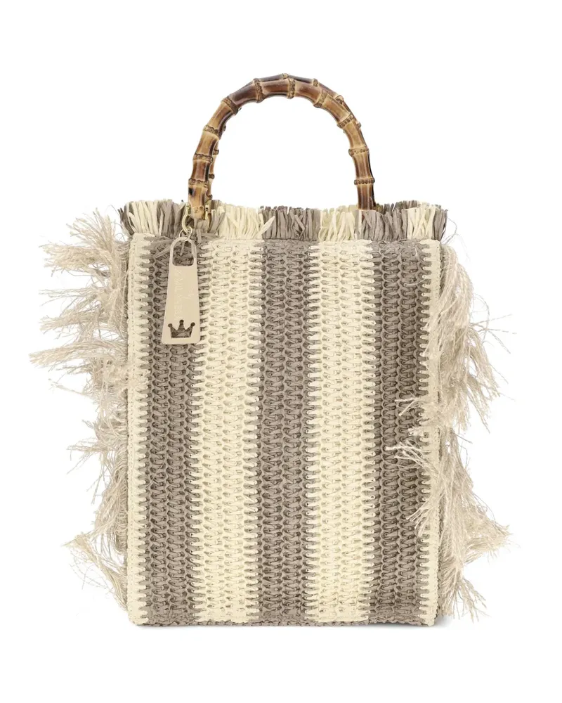 La Milanesa Lilium striped raffia fringe tote bag - Nude Nude