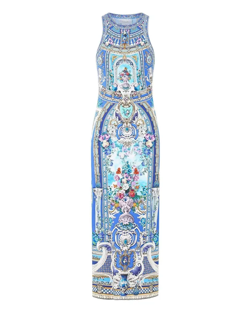 Camilla Ottoman Opulence Maxikleid mit Blumen - Blau Blau