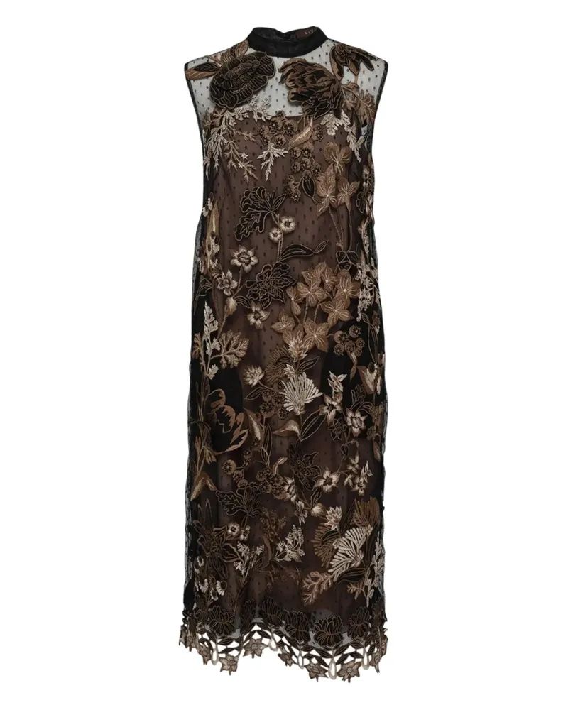 Biyan floral-embroidered 3D midi dress - Schwarz Schwarz