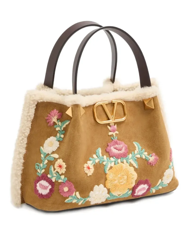 Valentino Garavani small embroidered-flowers suede tote bag - Nude Nude